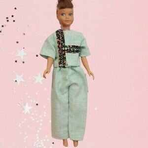 Vtg Handmade/Mommy-Made Green Mod Pant Set Floral for Skipper Doll